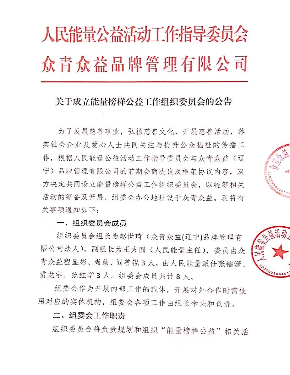 关于成立能量榜样公益工作组织委员会的公告